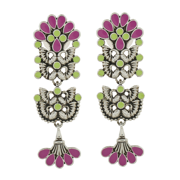 Estele Rhodium Plated Oxidised Fascinating Meenakari Earrings with Multi-color Enamel for Women
