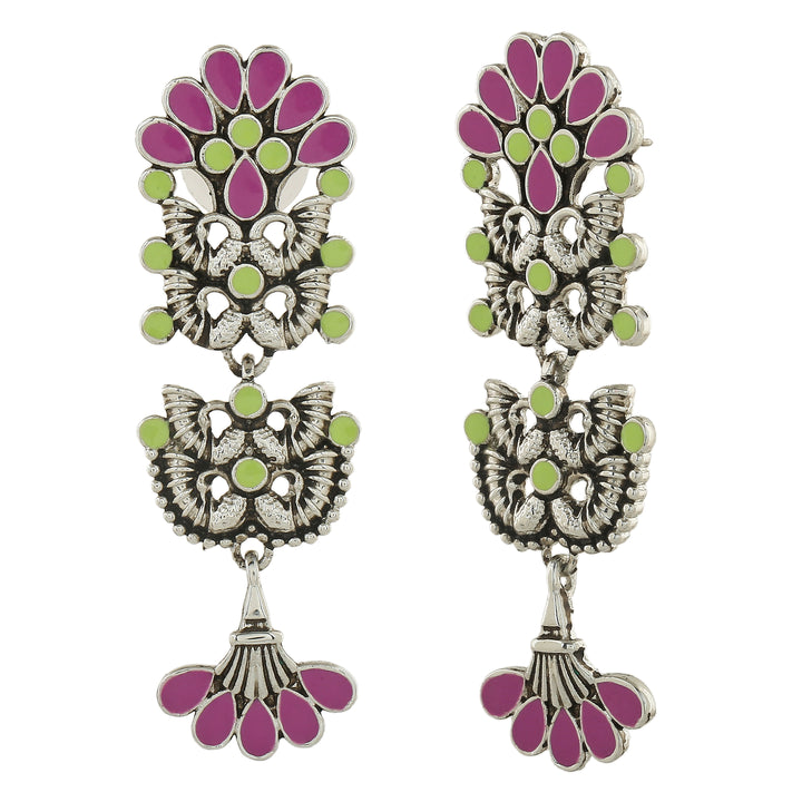 Estele Rhodium Plated Oxidised Fascinating Meenakari Earrings with Multi-color Enamel for Women