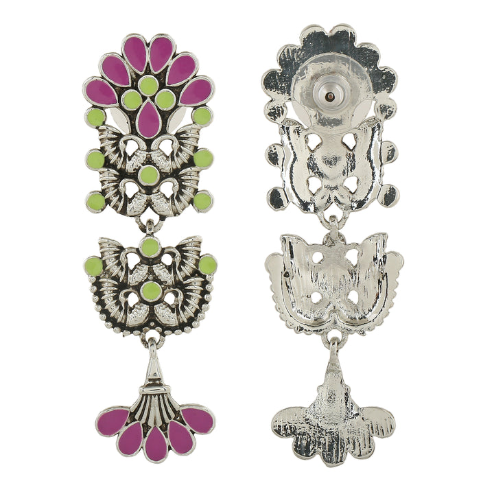 Estele Rhodium Plated Oxidised Fascinating Meenakari Earrings with Multi-color Enamel for Women