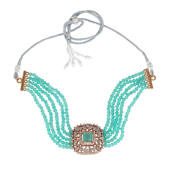 Estele Rose Gold Plated CZ Square Choker Necklace Set with Mint Blue Beads for Women
