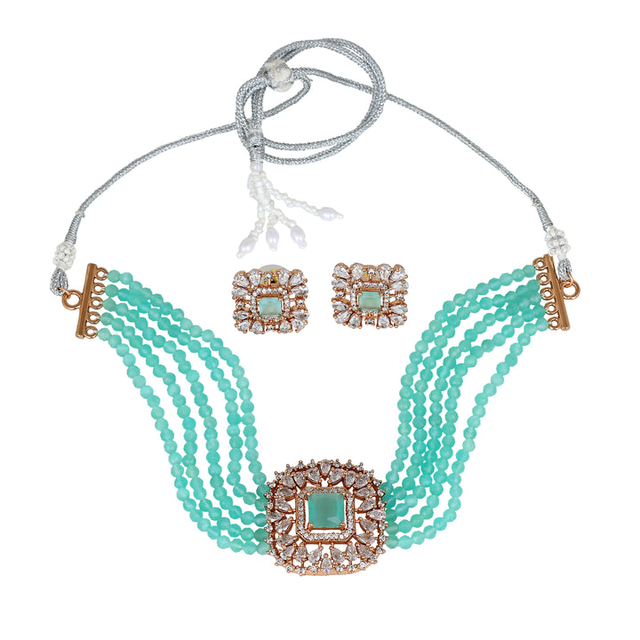 Estele Rose Gold Plated CZ Square Choker Necklace Set with Mint Blue Beads for Women