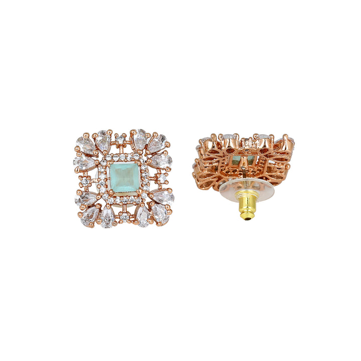 Estele Rose Gold Plated CZ Square Choker Necklace Set with Mint Blue Beads for Women