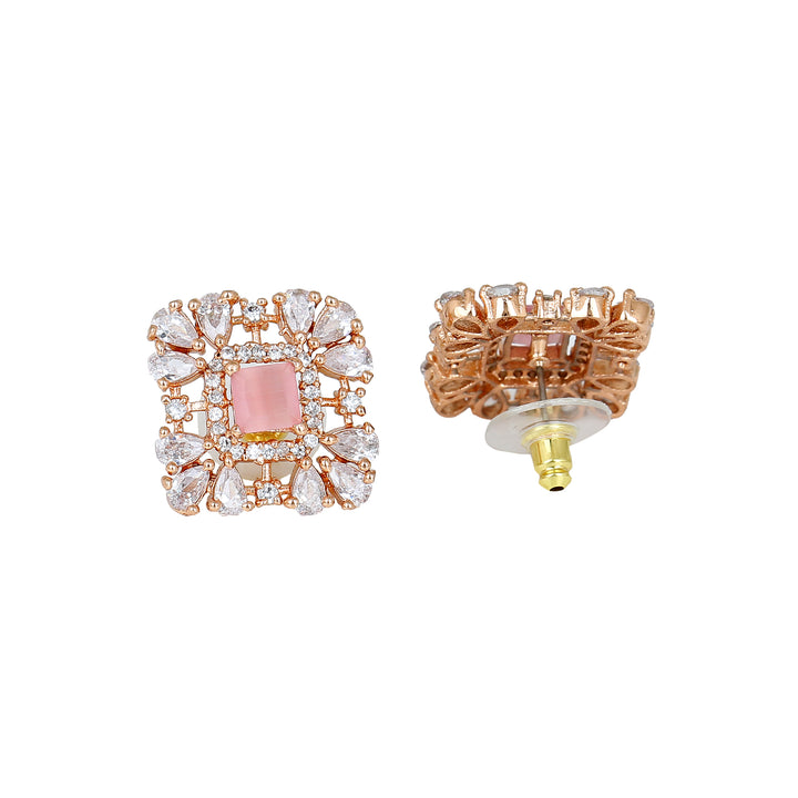 Estele Rose Gold Plated CZ Square Shaped Mint Pink Choker Necklace Set For Women
