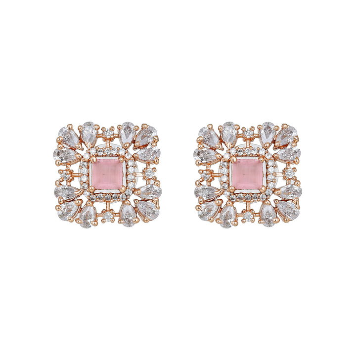 Estele Rose Gold Plated CZ Square Shaped Mint Pink Choker Necklace Set For Women