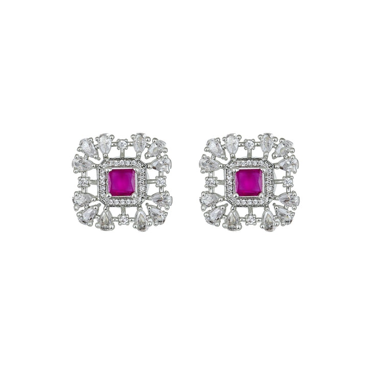 Estele Rhodium Plated CZ Square Choker Necklace Set with Ruby/ Red Beads for Women