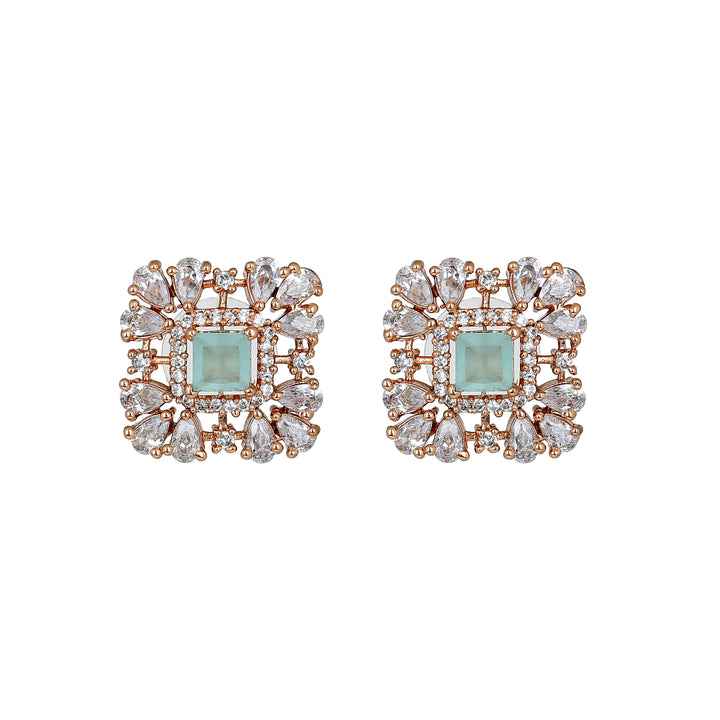 Estele Rose Gold Plated CZ Square Choker Necklace Set with Mint Blue Beads for Women