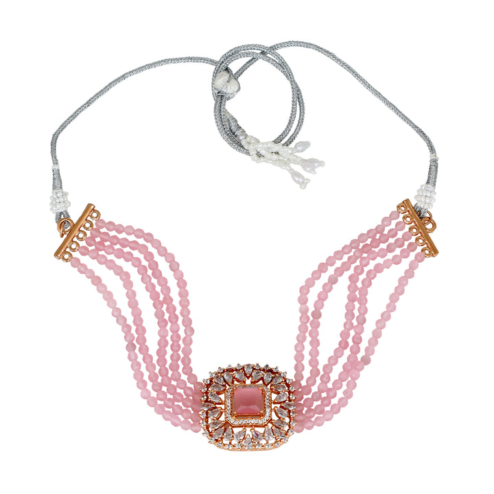 Estele Rose Gold Plated CZ Square Shaped Mint Pink Choker Necklace Set For Women