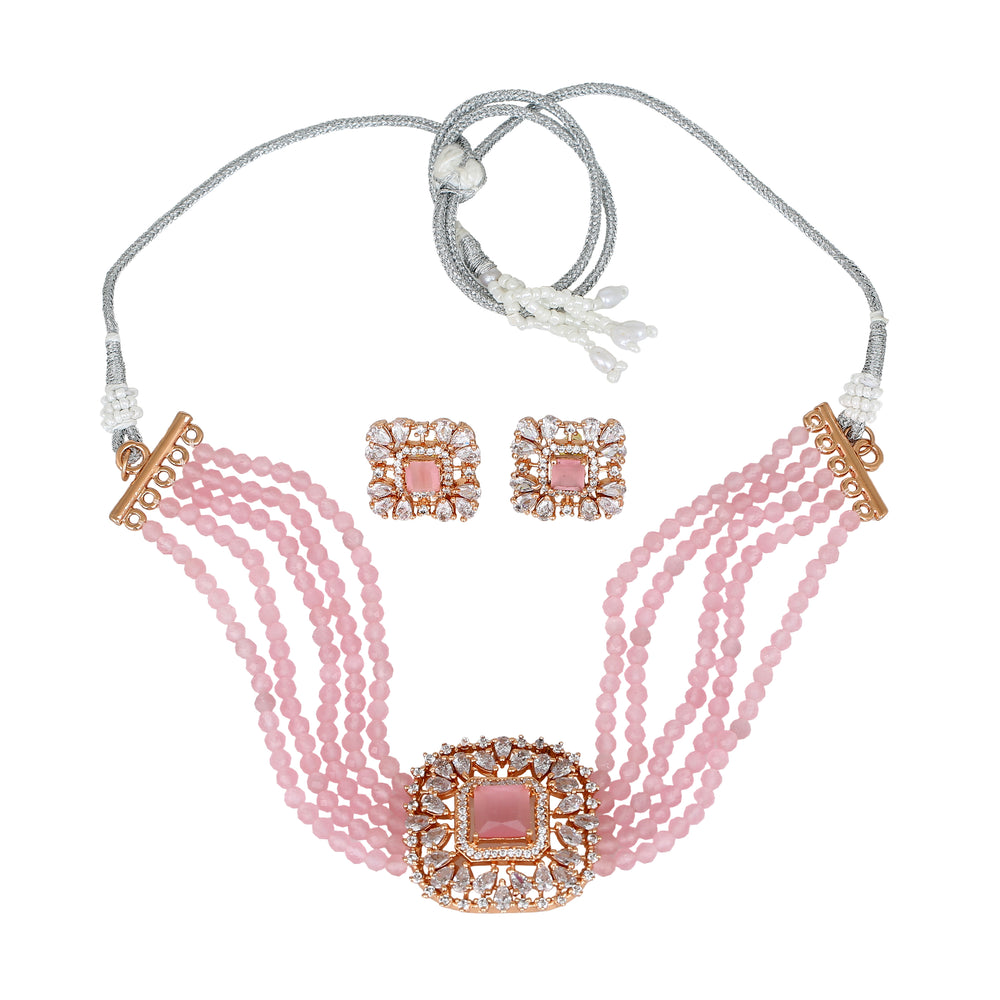 Estele Rose Gold Plated CZ Square Shaped Mint Pink Choker Necklace Set For Women