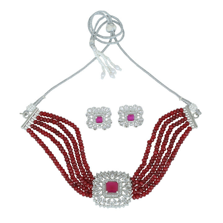 Estele Rhodium Plated CZ Square Choker Necklace Set with Ruby/ Red Beads for Women