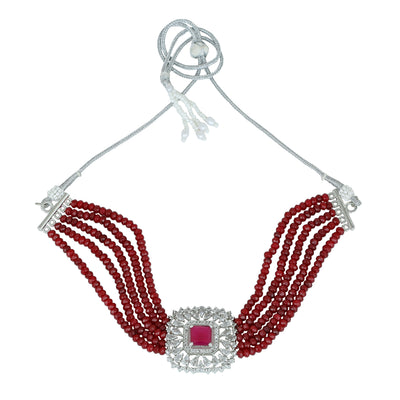 Estele Rhodium Plated CZ Square Choker Necklace Set with Ruby/ Red Beads for Women