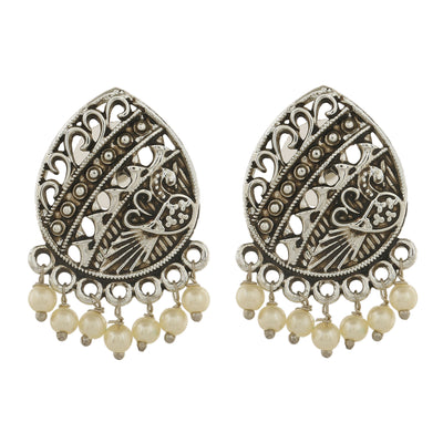 Estele Rhodium Plated Oxidised Classic Designer Earrings with Pearl for Women