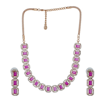 Estele Rose Gold Plated CZ Ossum Octagon Necklace Set for Women