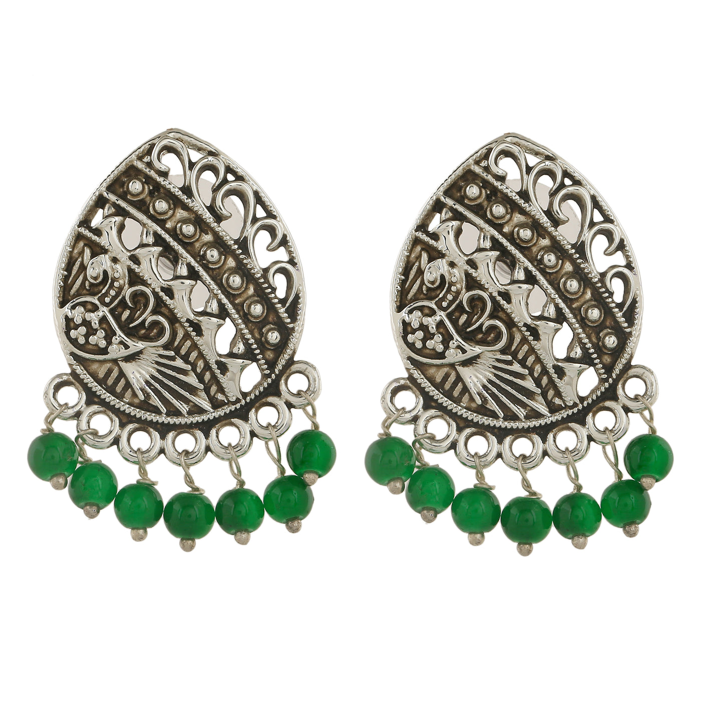 Estele Rhodium Plated Oxidised Scintillating Earrings with Green Beads for Women