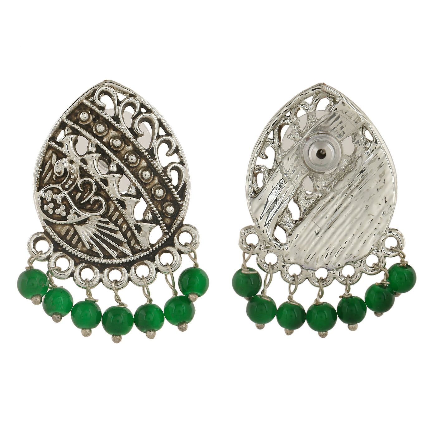 Estele Rhodium Plated Oxidised Scintillating Earrings with Green Beads for Women