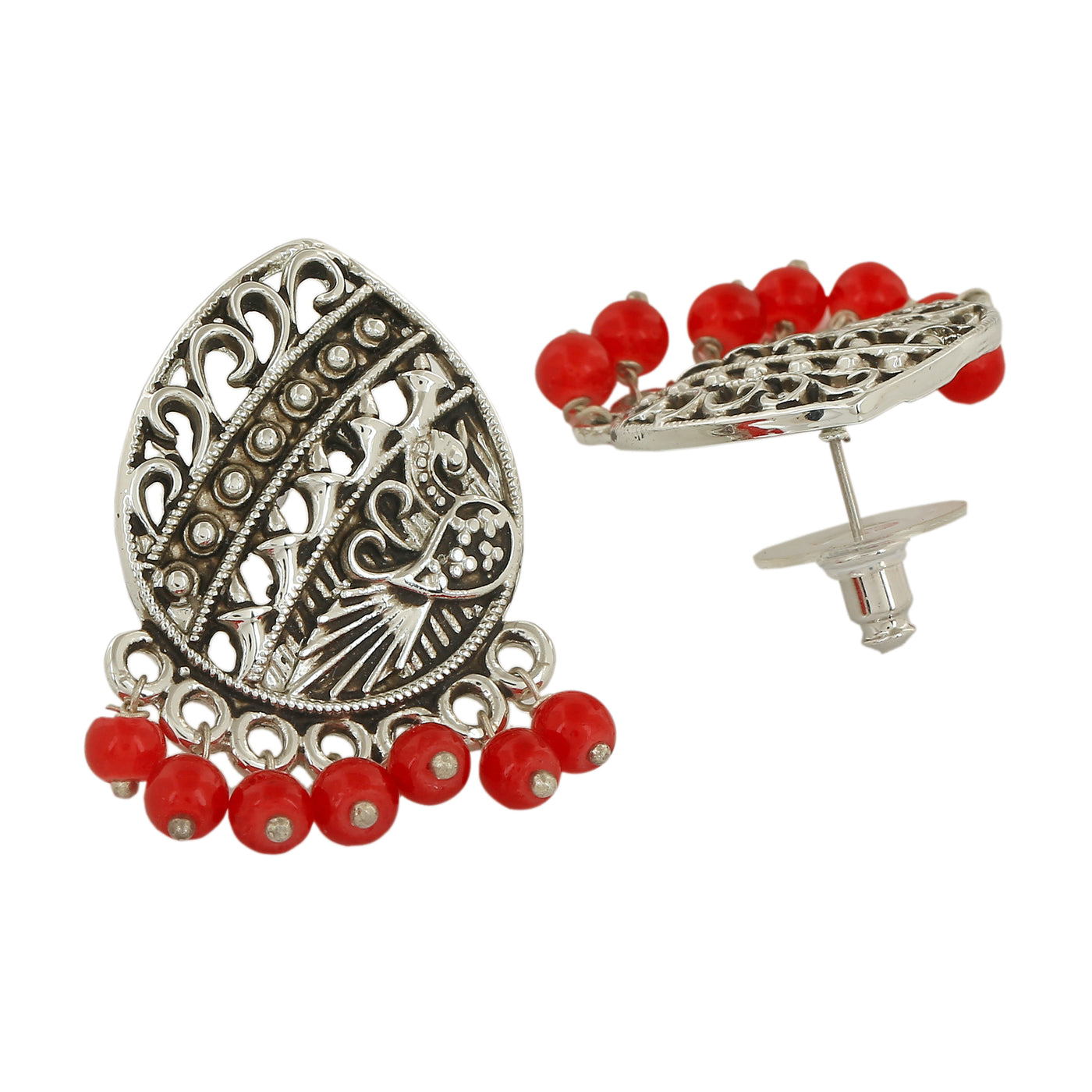 Estele Rhodium Plated Oxidised Elegant Earrings with Red Beads for Women