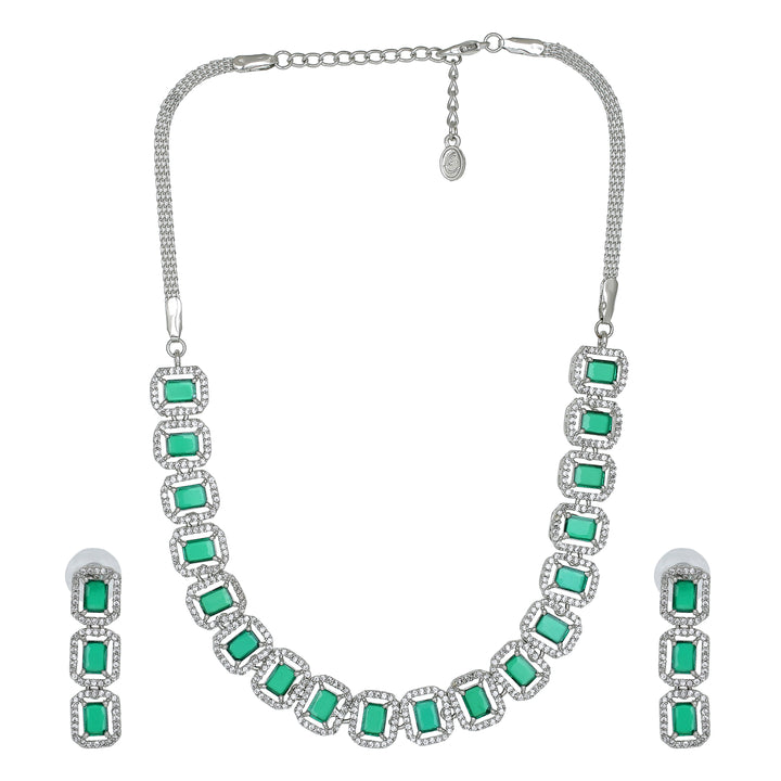 Estele Rhodium Plated CZ Ossum Octagon Necklace Set with Emerald Stones for Women