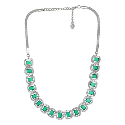 Estele Rhodium Plated CZ Ossum Octagon Necklace Set with Emerald Stones for Women