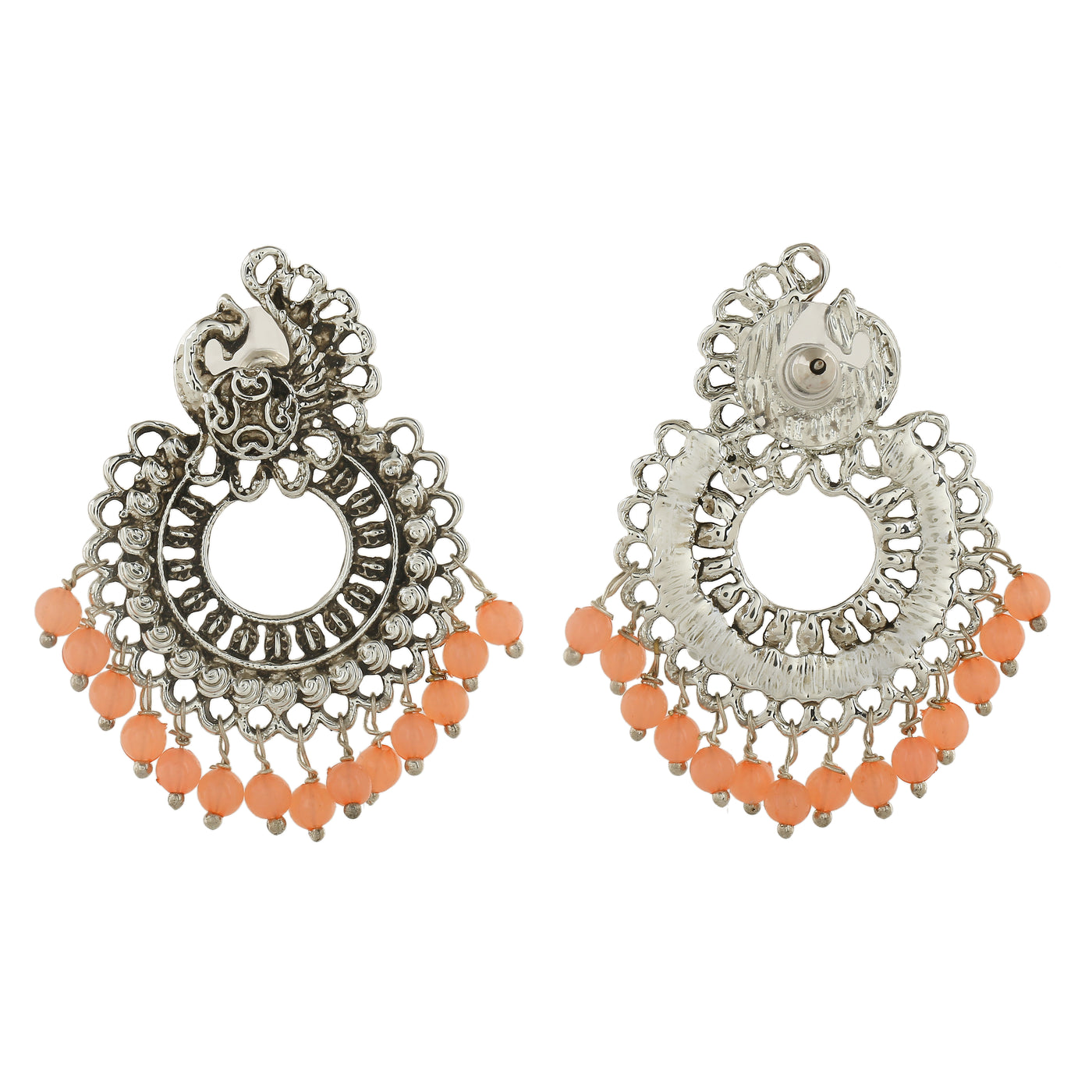 Estele Rhodium Plated Oxidised Splendid Earrings with Orange Beads for Women