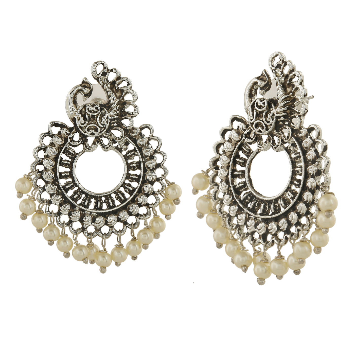 Estele Rhodium Plated Oxidised Gorgeous Peacock Designer Earrings with Pearl for Women