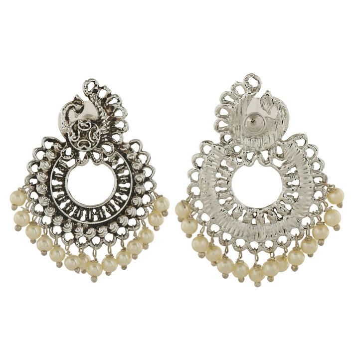 Estele Rhodium Plated Oxidised Gorgeous Peacock Designer Earrings with Pearl for Women