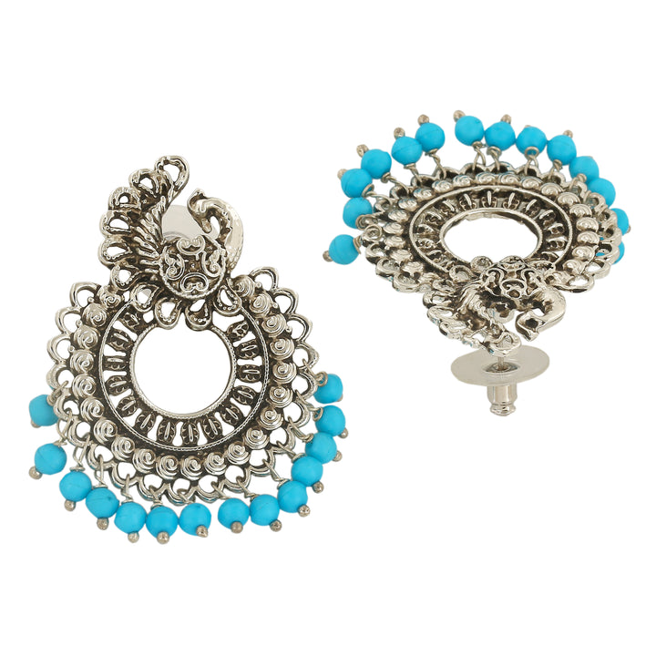 Estele Rhodium Plated Oxidised Classic Peacock Designer Earrings with Blue Beads for Women