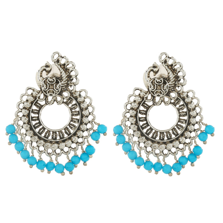 Estele Rhodium Plated Oxidised Classic Peacock Designer Earrings with Blue Beads for Women