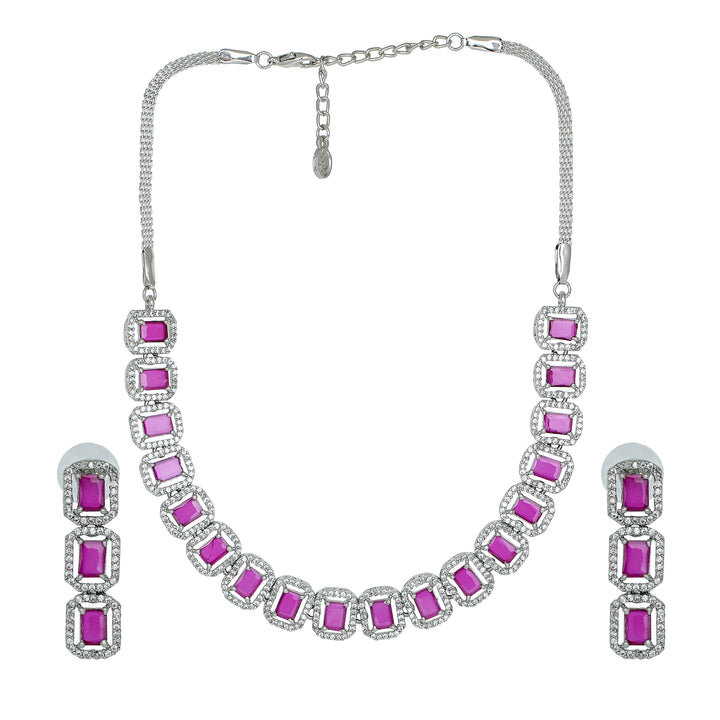 Estele Rhodium Plated CZ Ossum Octagon Necklace Set with Ruby stones for Women