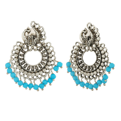 Estele Rhodium Plated Oxidised Classic Peacock Designer Earrings with Blue Beads for Women