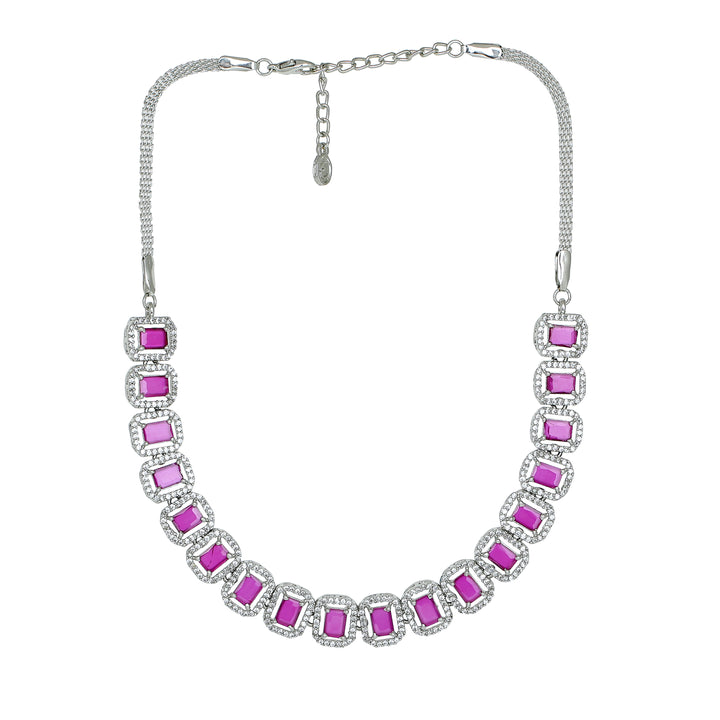 Estele Rhodium Plated CZ Ossum Octagon Necklace Set with Ruby stones for Women