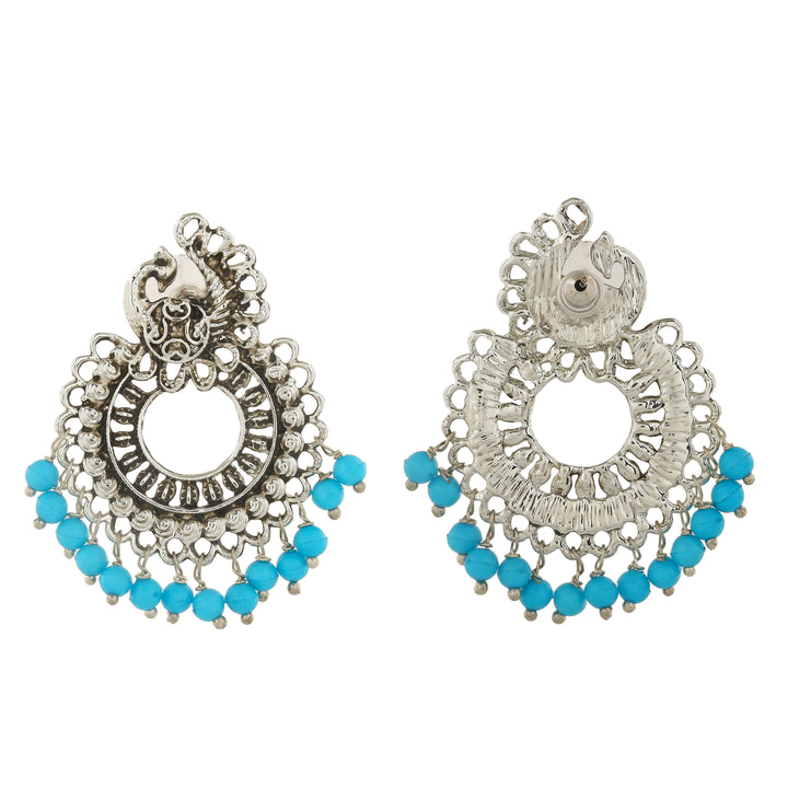 Estele Rhodium Plated Oxidised Classic Peacock Designer Earrings with Blue Beads for Women