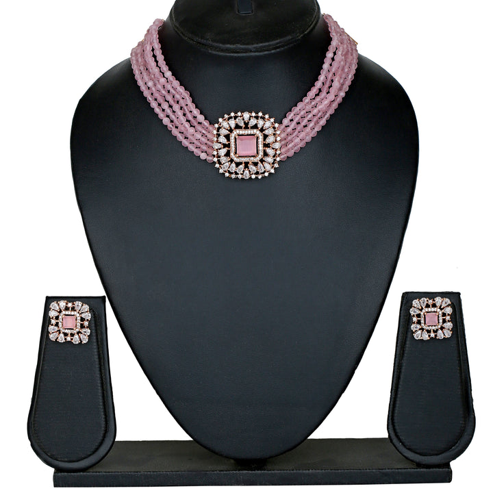 Estele Rose Gold Plated CZ Square Shaped Mint Pink Choker Necklace Set For Women