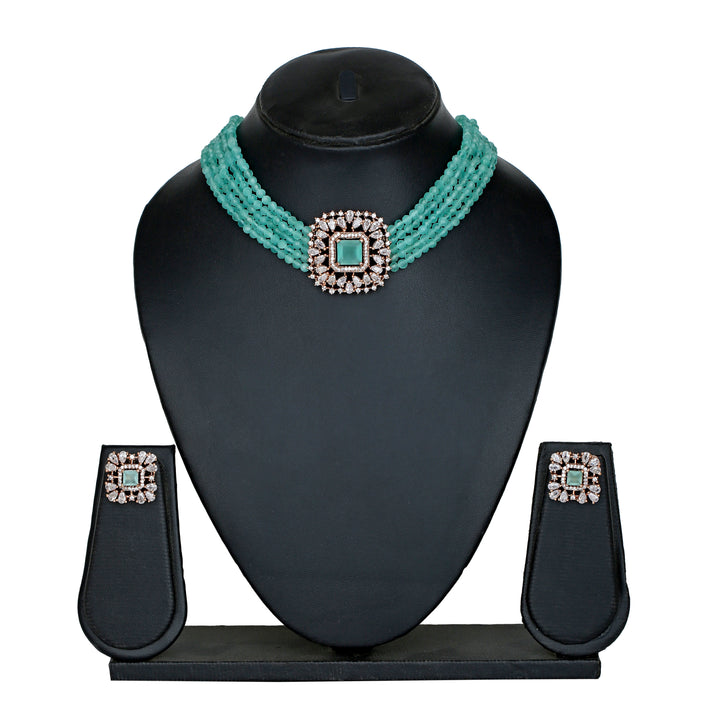 Estele Rose Gold Plated CZ Square Choker Necklace Set with Mint Blue Beads for Women