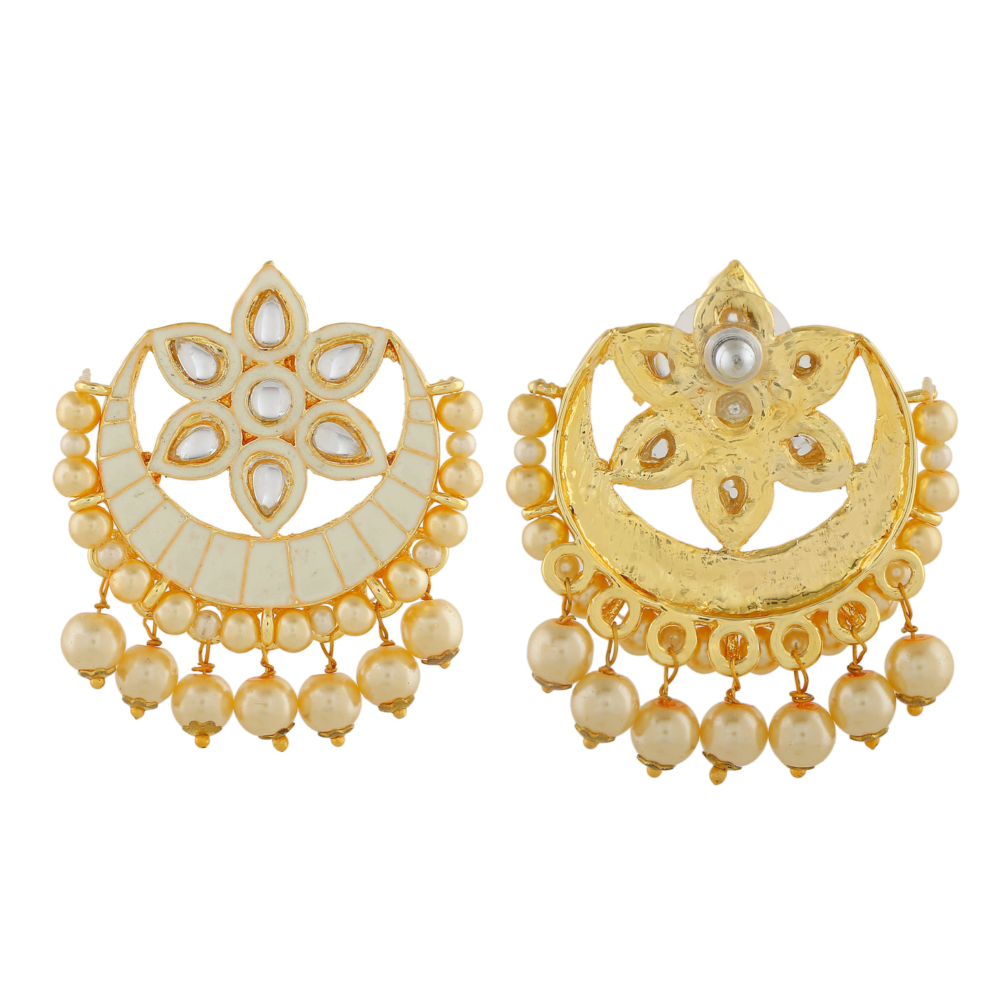 Estele Gold Plated Beautiful Kundan Meenakari Earrings with Pearl & Cream Enamel for Women