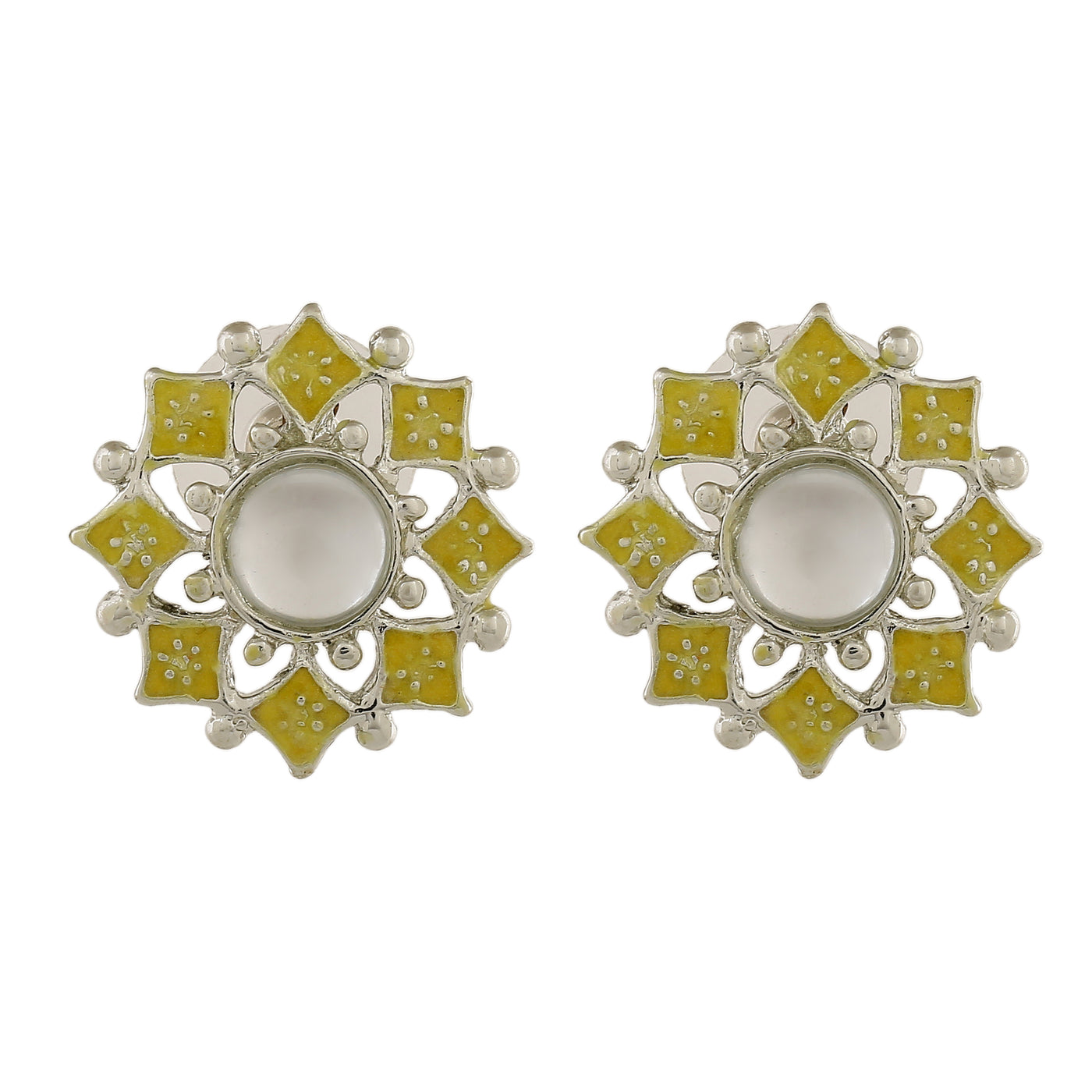 Estele Rhodium Plated Dazzling Yellow Meenakari Kundan Stud Earrings for Women