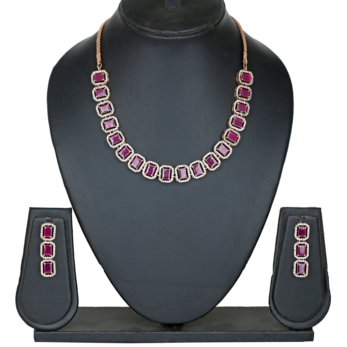 Estele Rose Gold Plated CZ Ossum Octagon Necklace Set for Women