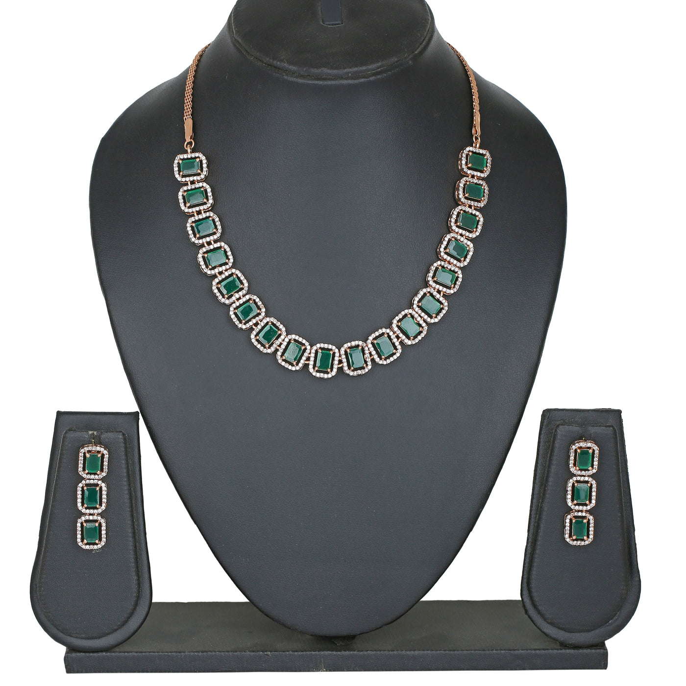 Estele Rose Gold Plated CZ Emrald stones Necklace Set for Women