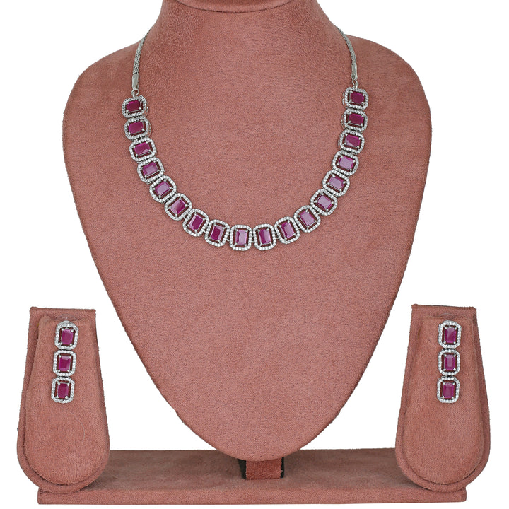 Estele Rhodium Plated CZ Ossum Octagon Necklace Set with Ruby stones for Women