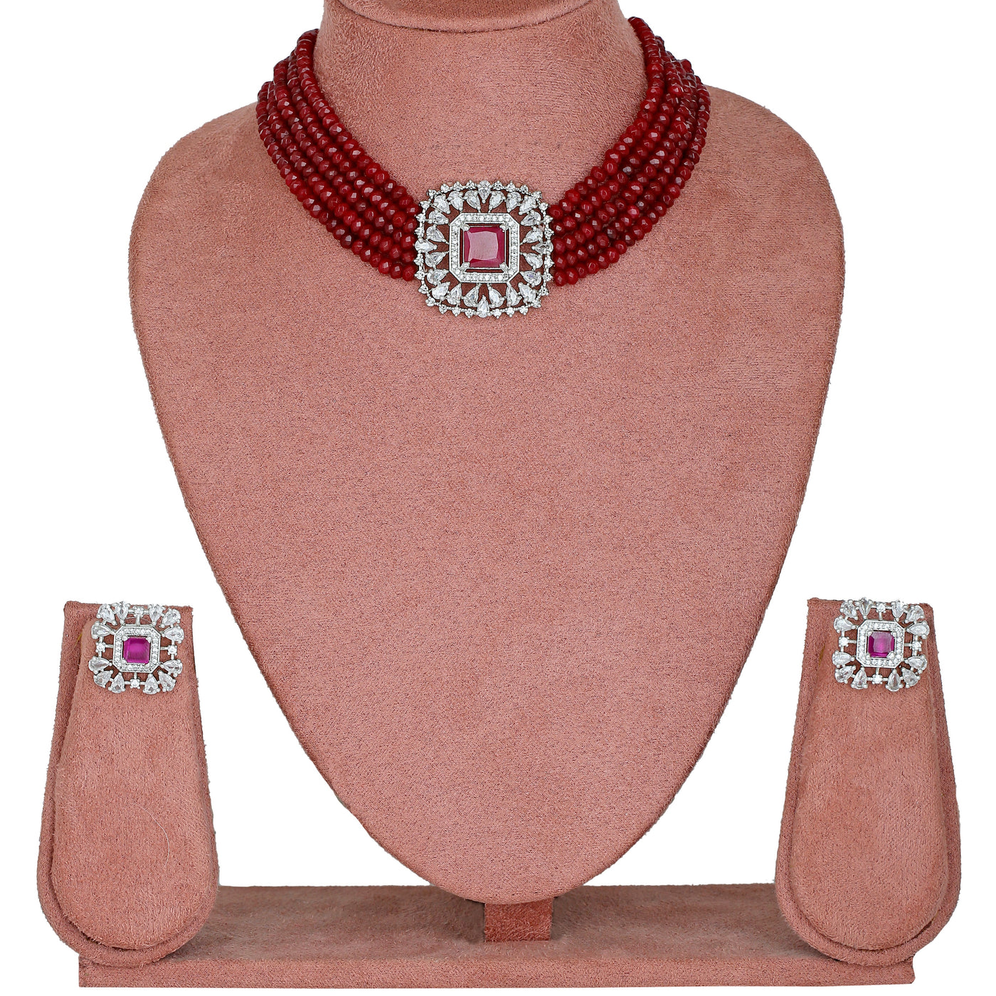Estele Rhodium Plated CZ Square Choker Necklace Set with Ruby/ Red Beads for Women
