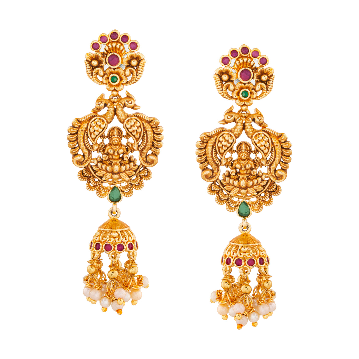 Estele Gold plated Divine Lakshmi Ji Bridal Necklace set with color stones & Pearls
