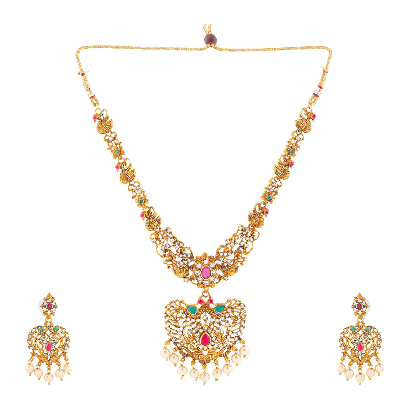 Estele Gold Plated Artistic Designer Bridal Long Necklace Set Combo with Color Stones & Pearls for Women