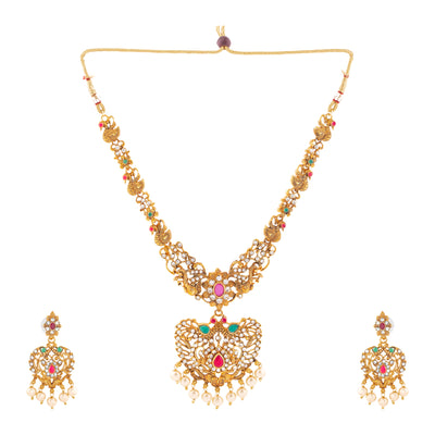 Estele Gold Plated Artistic Designer Bridal Long Necklace Set Combo with Color Stones & Pearls for Women