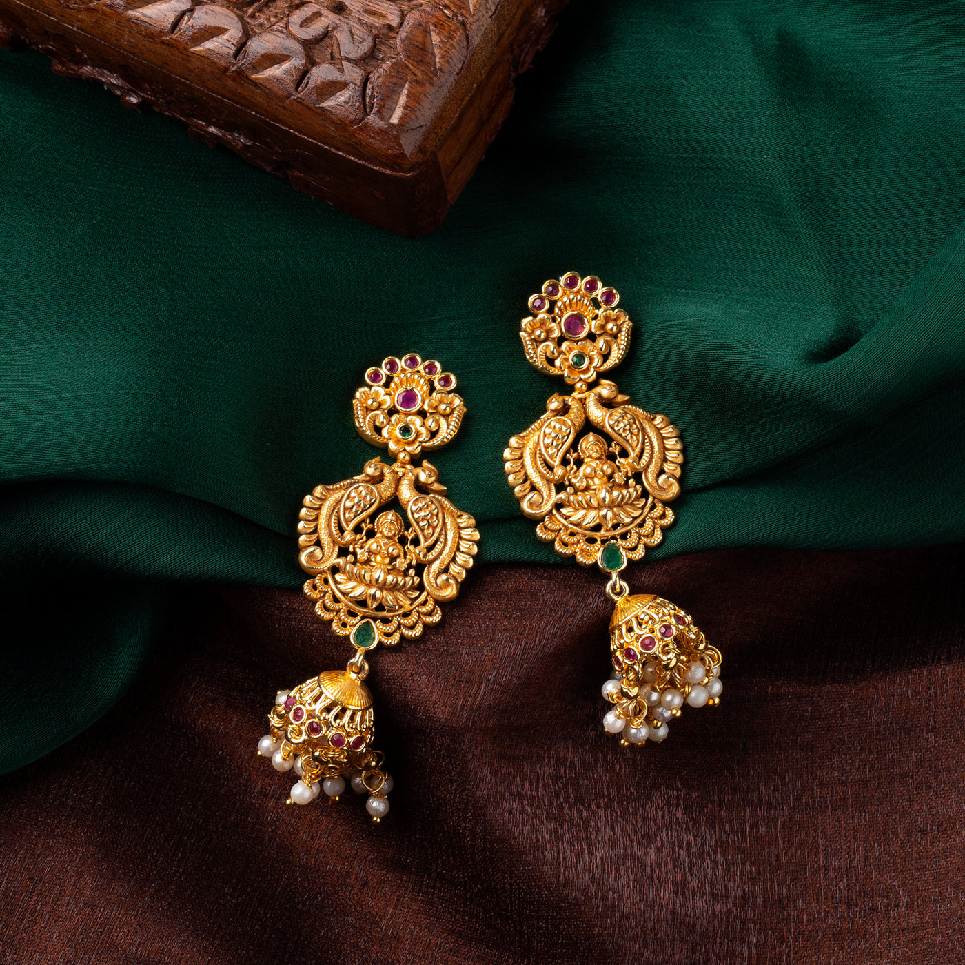 Estele Gold plated Divine Lakshmi Ji Bridal Necklace set with color stones & Pearls