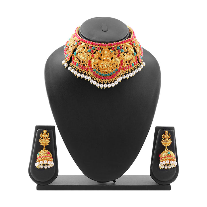 Estele Gold Plated Holy Temple Nakshi Style Bridal Choker Set with Color Stones & Pearls
