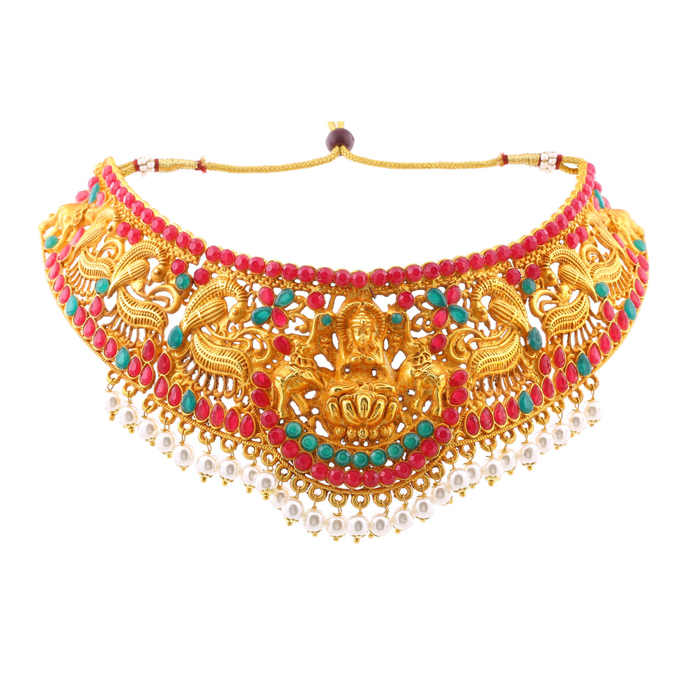 Estele Gold Plated Holy Temple Nakshi Style Bridal Choker Set with Color Stones & Pearls