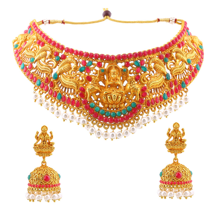Estele Gold Plated Holy Temple Nakshi Style Bridal Choker Set with Color Stones & Pearls