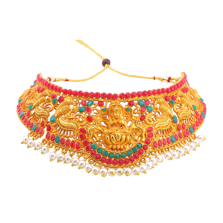 Estele Gold Plated Holy Temple Nakshi Style Bridal Choker Set with Color Stones & Pearls
