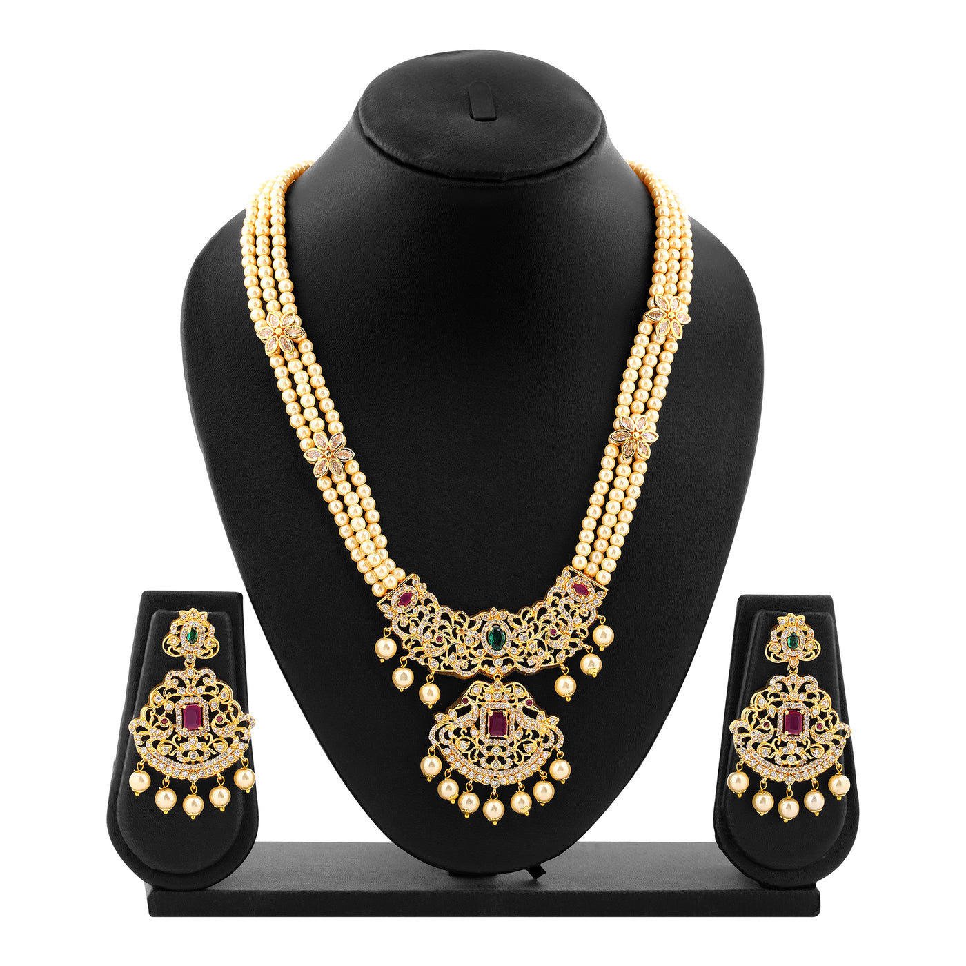 Estele Gold Plated CZ Majestic Moti Haar Necklace Set with Color Stones & Pearls for Women