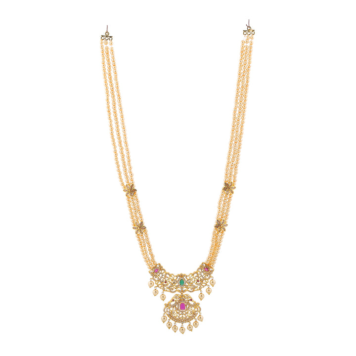 Estele Gold Plated CZ Majestic Moti Haar Necklace Set with Color Stones & Pearls for Women