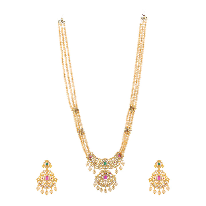 Estele Gold Plated CZ Majestic Moti Haar Necklace Set with Color Stones & Pearls for Women