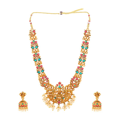 Estele Gold Plated Divine Laxmi Ji with Peacocks Bridal Necklace Set Combo with Color Stones & Pearls for Women